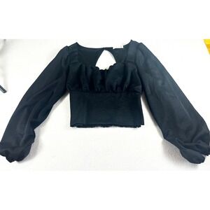 Lush Womens Black Satin Ruched Sweetheart Crop Top Long Sleeve Cutout Back M